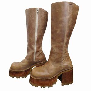 Destroy Vintage 90s Tan Leather Chunky Platform Knee High Boots 37